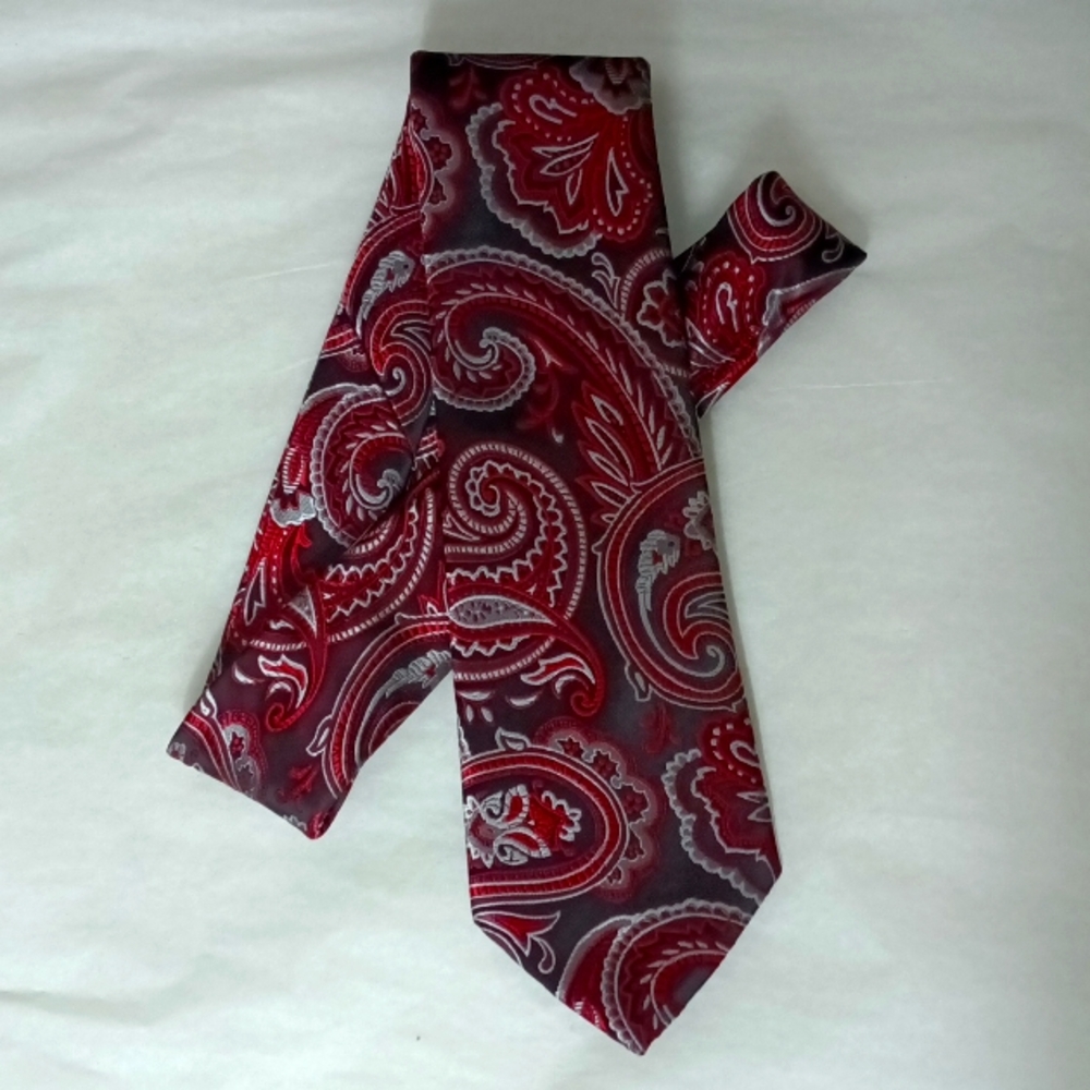 Hi-Tie mens 100% Silk Hand Tailored Tie in black red and silver Paisley Pattern